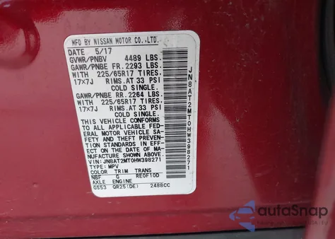 2017 Nissan Rogue Sv из США, поврежденный, VIN JN8AT2MT0HW398271